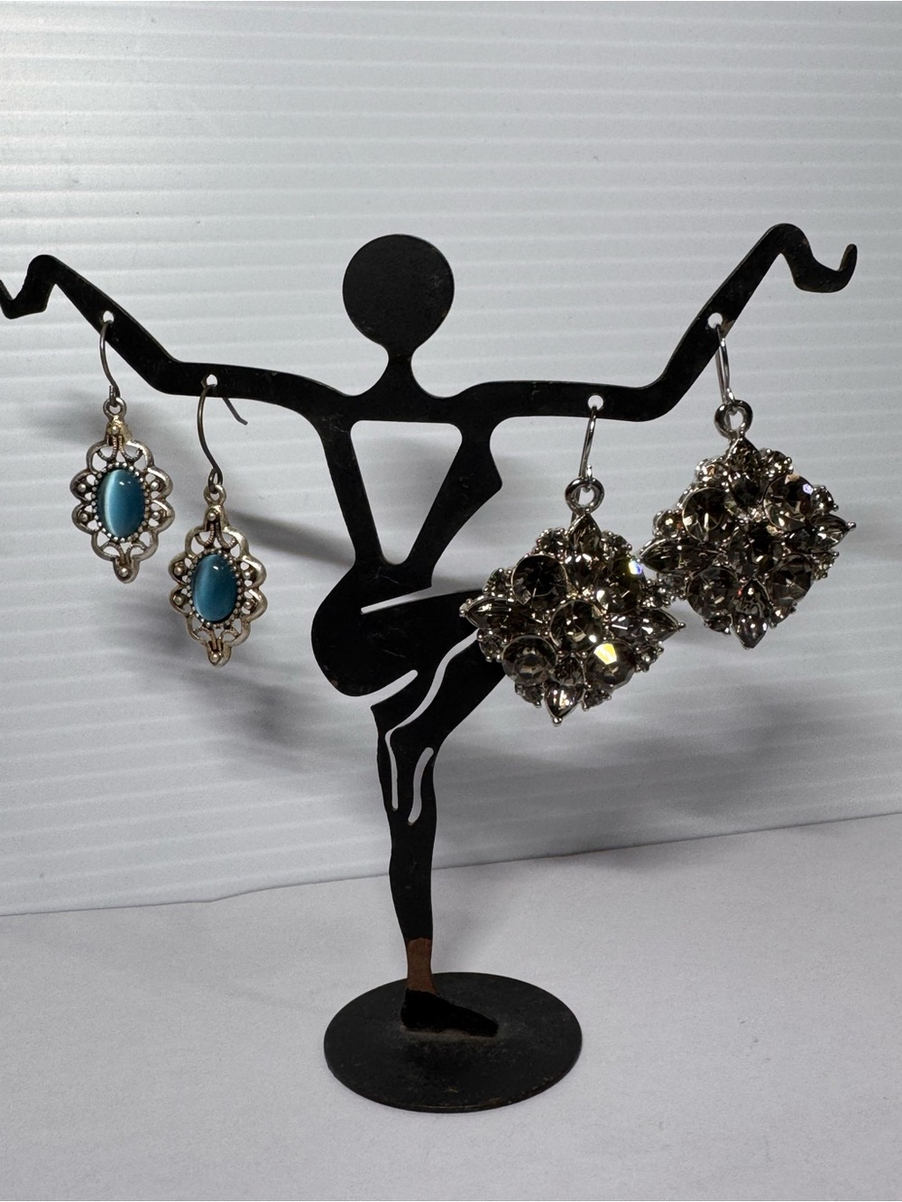 Filigree Drop Earrings  Blue Cabochon & Smokey Grey Cluster Rhinestone Earrings